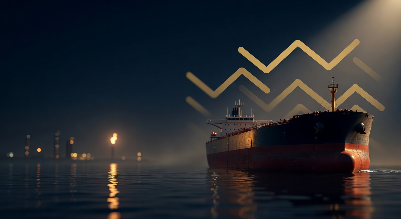 Crude oil tanker silhouette crossing a narrow strait at dusk with rising abstract gold light, representing the oil supply-risk premium after Trump's Iran clock-is-ticking warning, KenMacro institutional macro analysis.
