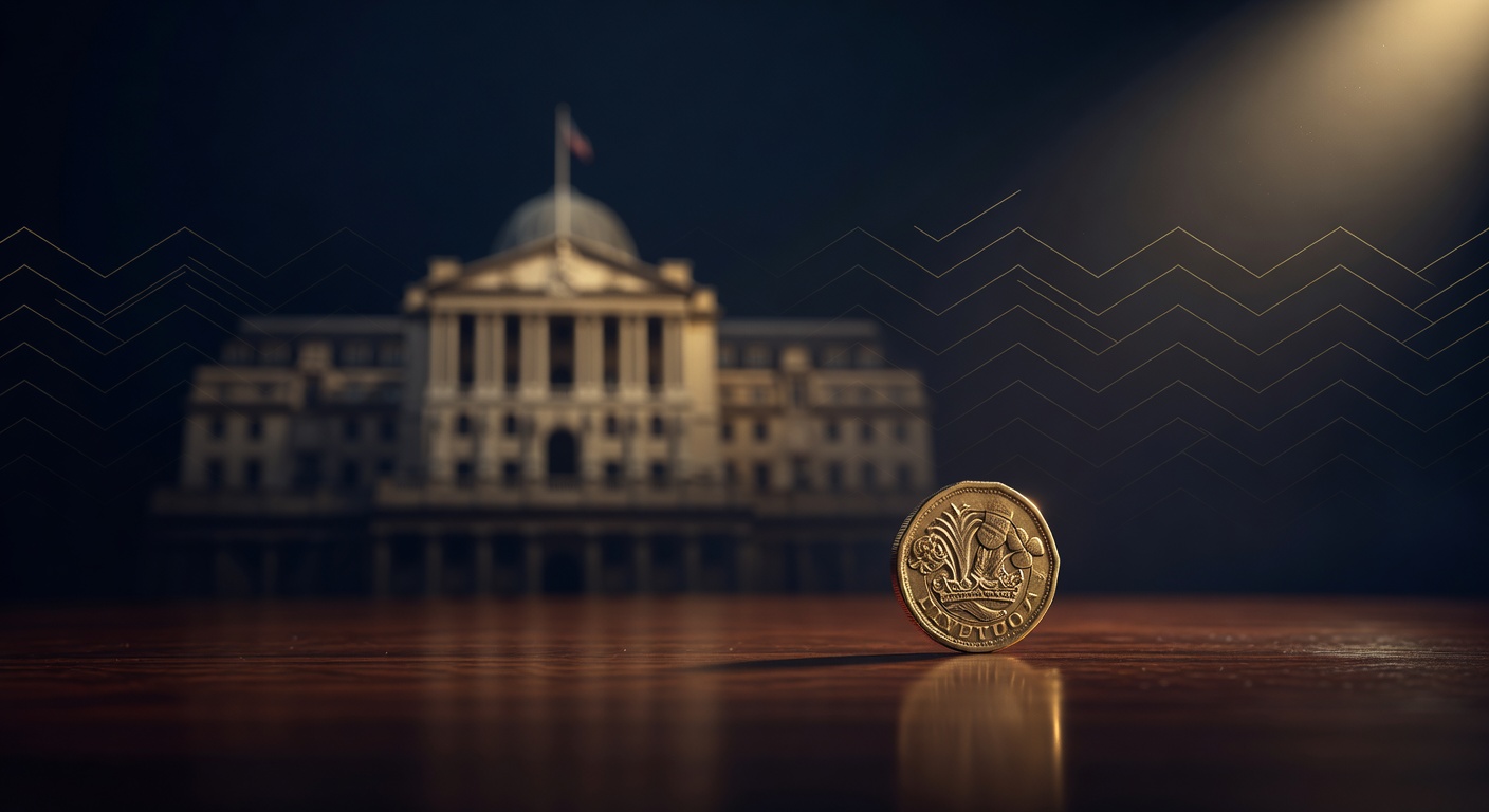 Brass British pound coin standing on a dark desk in front of a Bank of England silhouette, illustrating how to trade the BoE rate decision