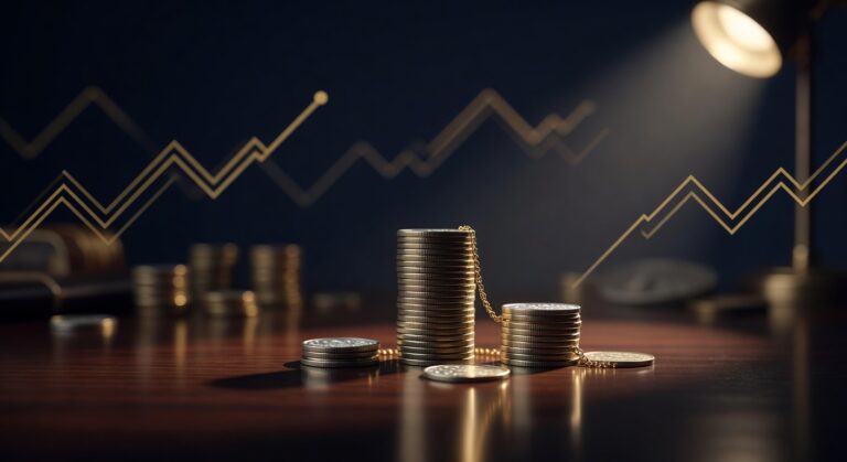 Two coin stacks connected by a brass chain on a dark desk, illustrating the carry trade and its mechanics