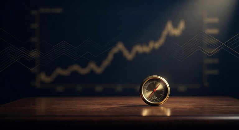 Brass volatility gauge dial with a red needle pointing high on a dark desk, illustrating the VIX as the market's fear gauge
