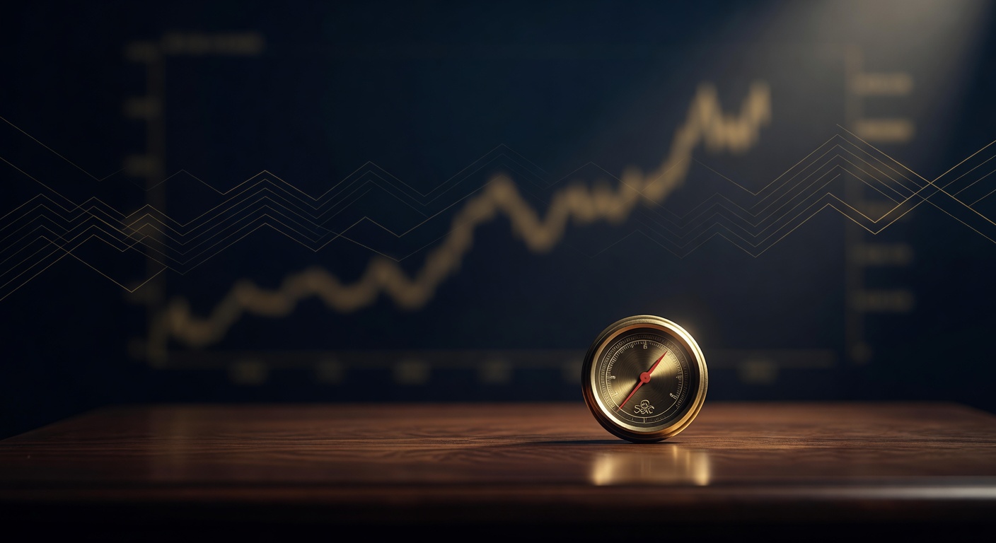 Brass volatility gauge dial with a red needle pointing high on a dark desk, illustrating the VIX as the market's fear gauge