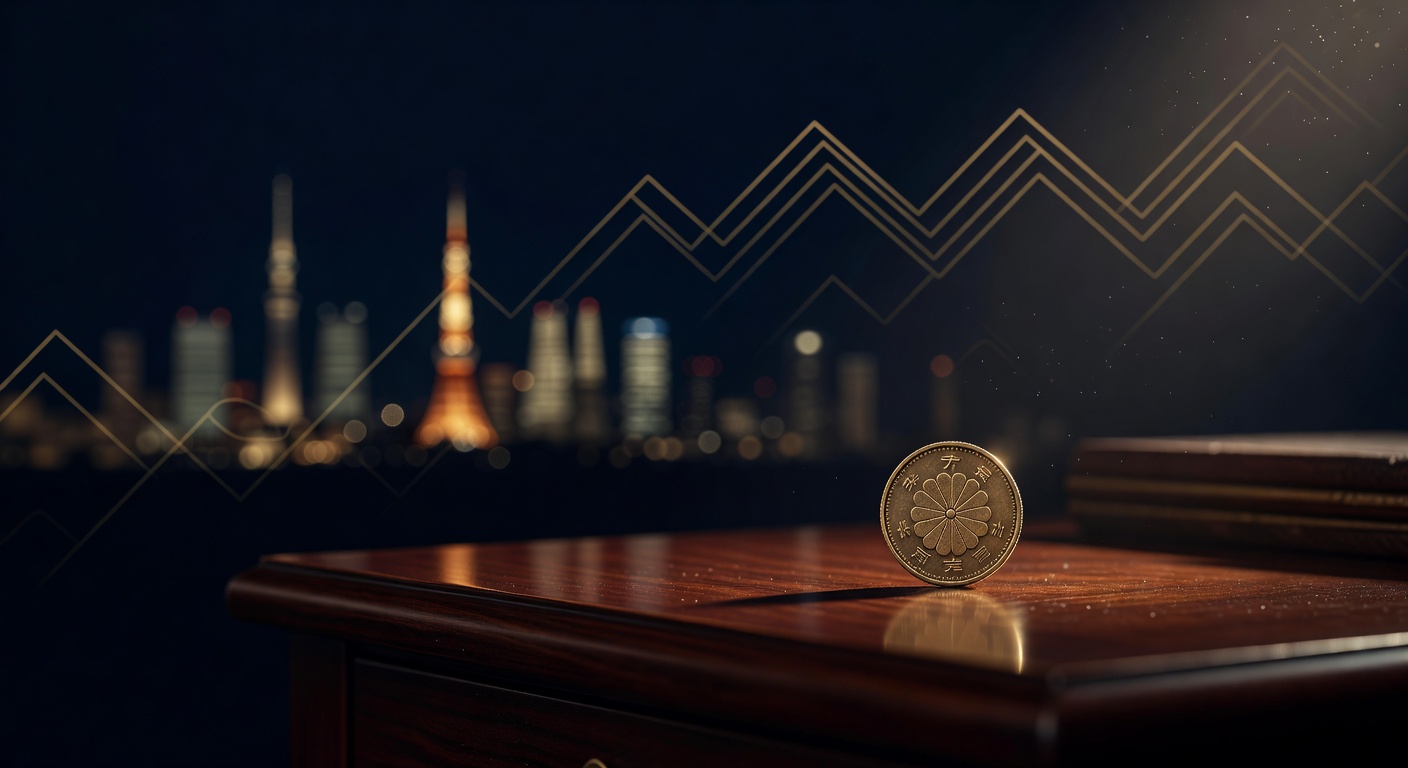 Brass yen coin standing on a dark desk in front of a Tokyo skyline silhouette, illustrating how to trade the BoJ rate decision