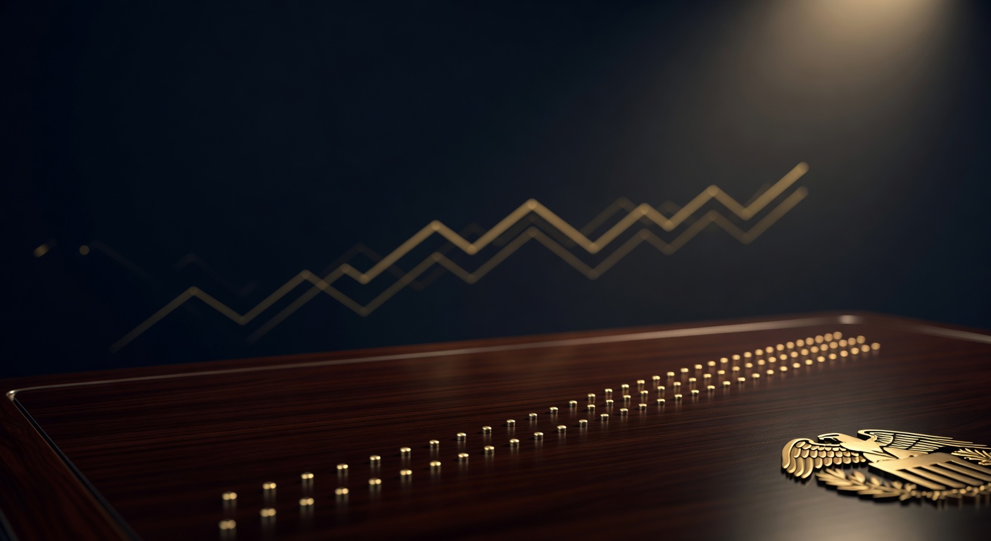 Rows of brass dots on a dark surface beside a Federal Reserve eagle insignia, illustrating the Fed dot plot