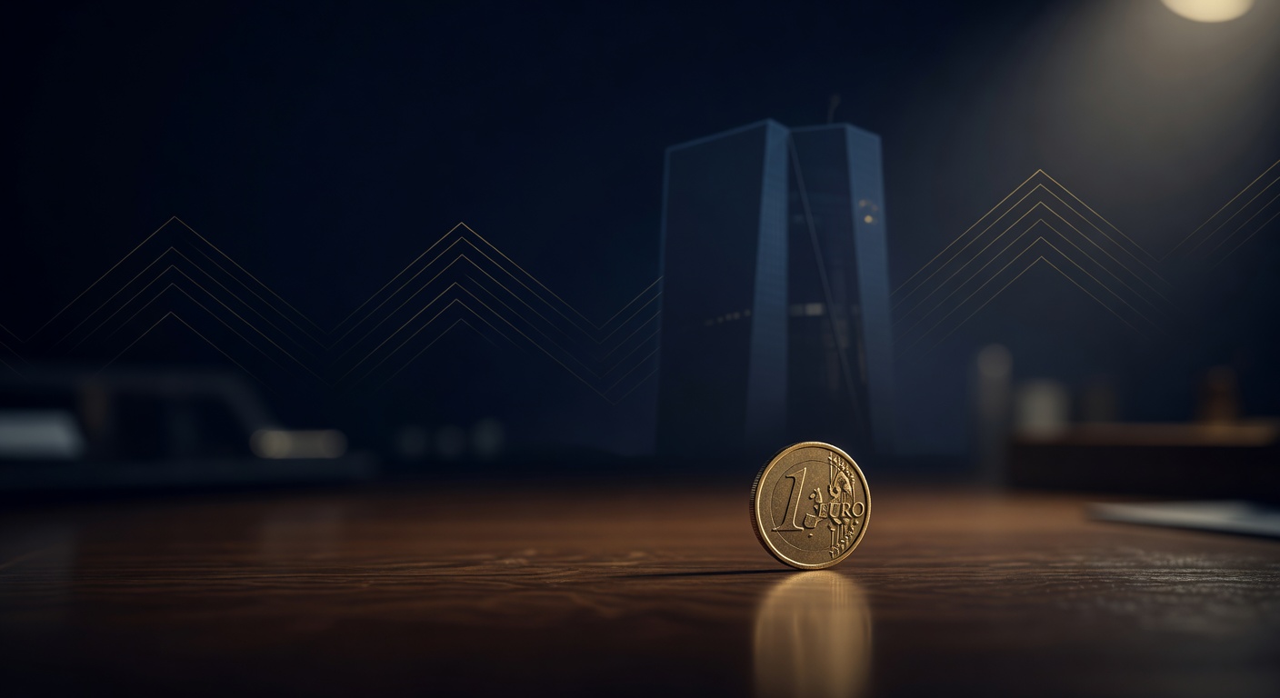 Brass euro coin standing on a dark desk in front of a stylised ECB tower silhouette, illustrating how to trade the ECB rate decision