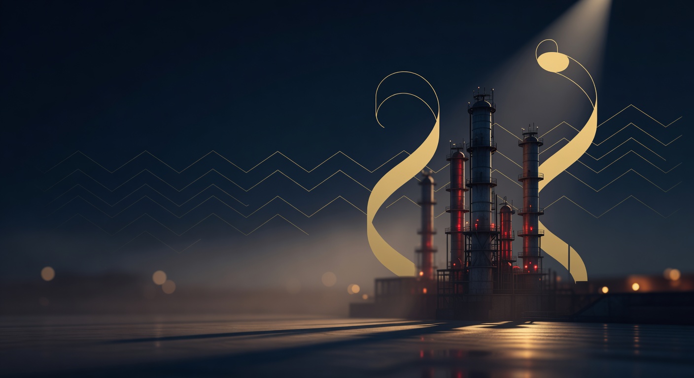 Oil refinery silhouette at dusk with rising abstract gold light, representing how prolonged high crude prices are passing through into US inflation, KenMacro institutional macro analysis.