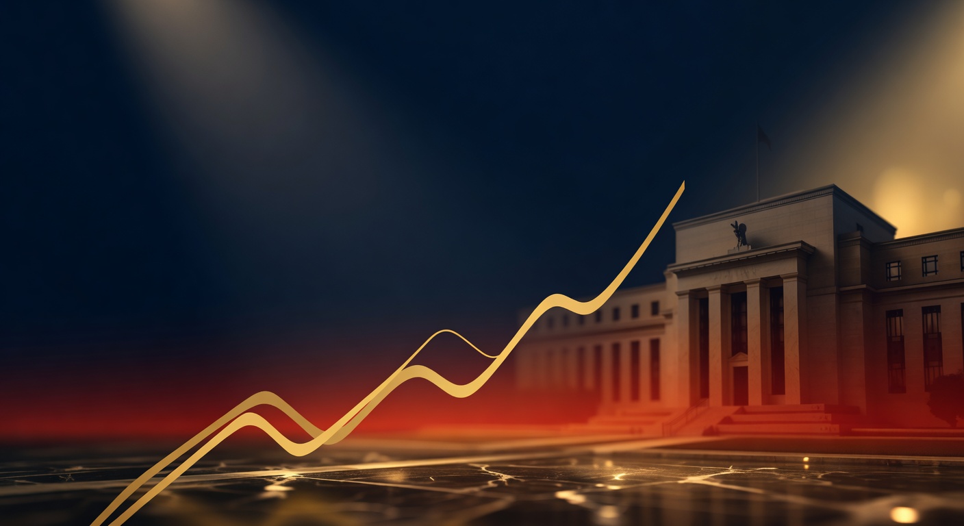 Dusk-lit Federal Reserve building silhouette with rising abstract gold ribbons representing the surge in US Treasury yields and the market repricing of Fed rate hikes through 2027, KenMacro institutional macro analysis.