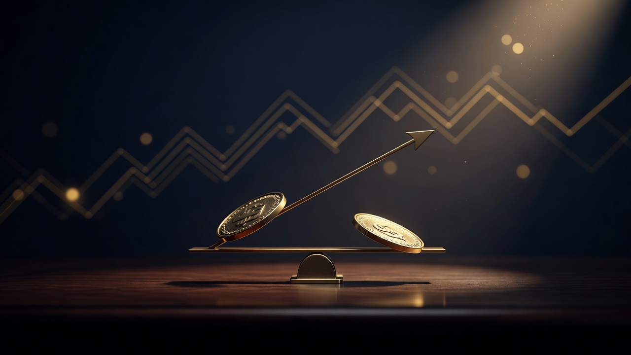 Two brass central-bank medallions diverging on a balance with a currency arrow following the rising one, illustrating policy divergence