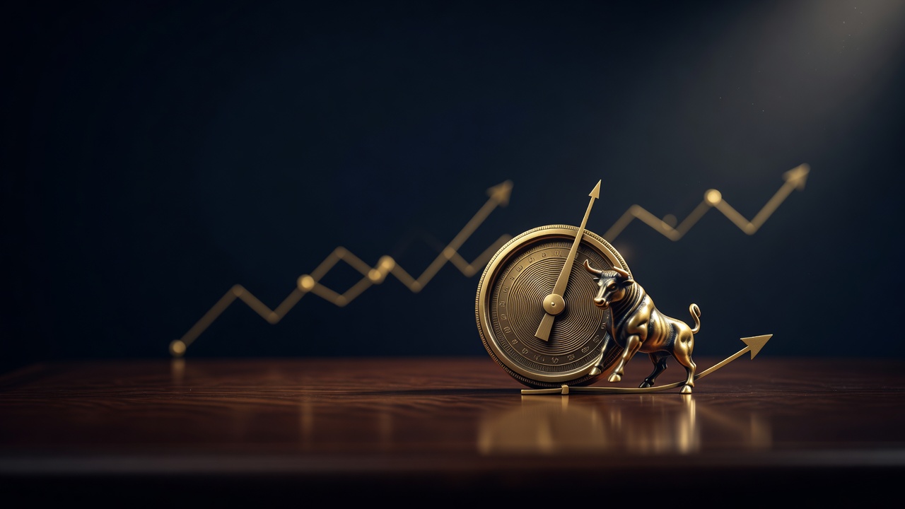 A brass rate dial turned up as a brass bull leans back, illustrating rising interest rates pressuring the stock market