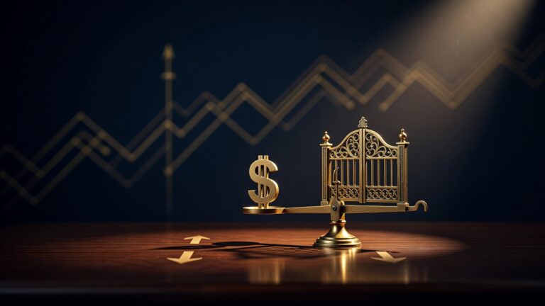 A brass customs gate beside a dollar weight on a two-way balance, illustrating how tariffs can move the dollar either direction