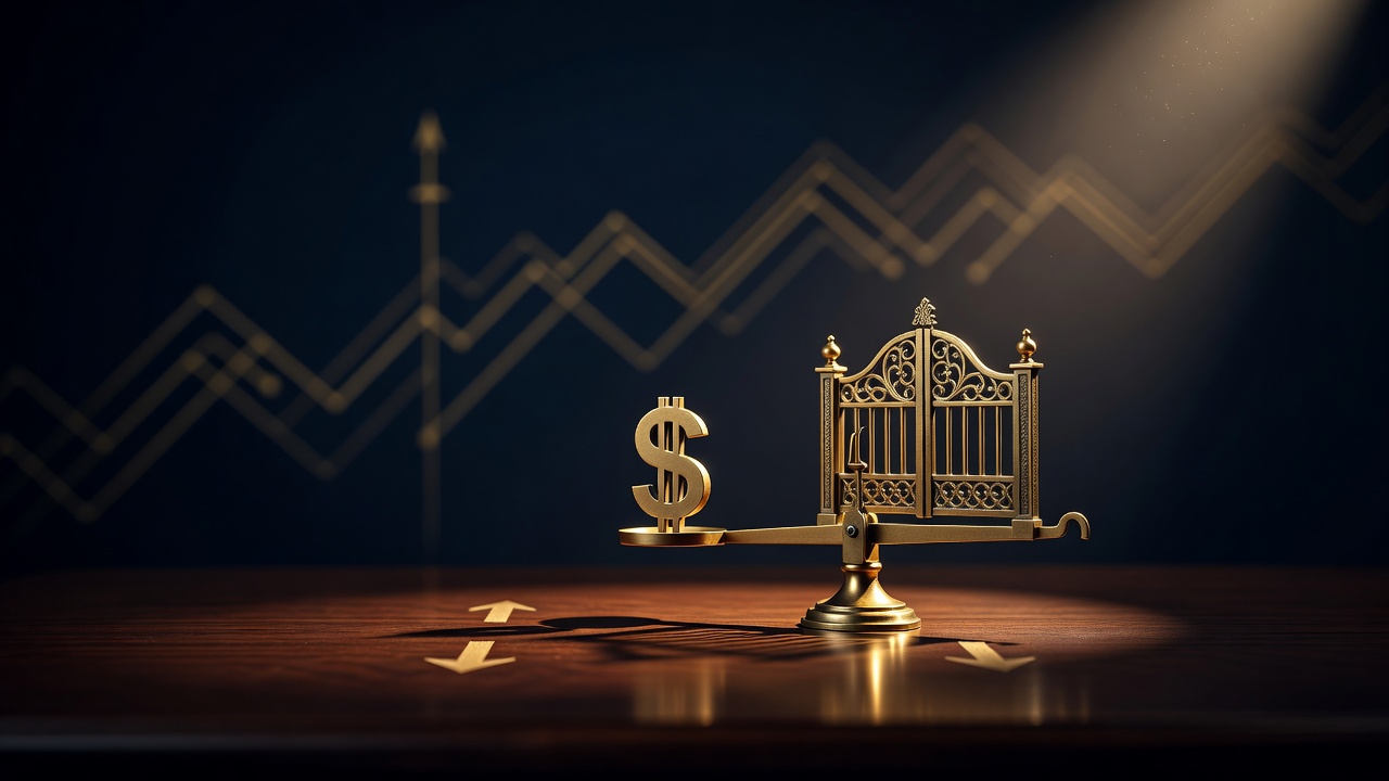 A brass customs gate beside a dollar weight on a two-way balance, illustrating how tariffs can move the dollar either direction