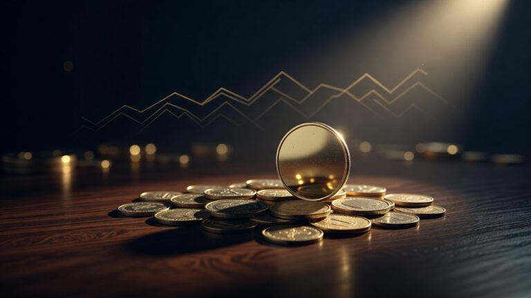 A large brass dollar coin shadowing smaller world-currency coins, illustrating a strong dollar weighing on emerging markets