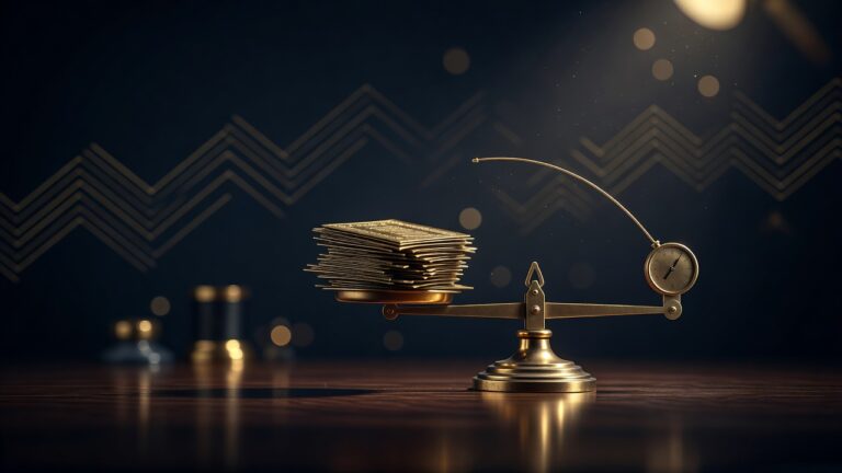 A stack of brass treasury certificates tipping a balance as a yield needle rises, illustrating how a deficit lifts bond yields
