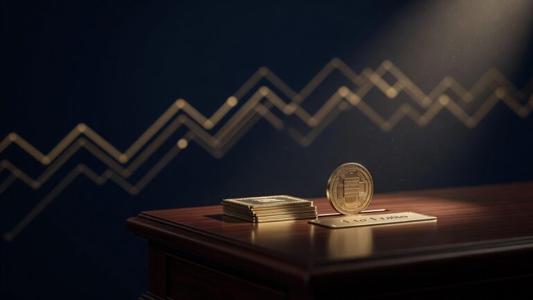 A brass digital coin feeding a stack of treasury certificates at a one-to-one ratio, illustrating stablecoin reserves buying T-bills