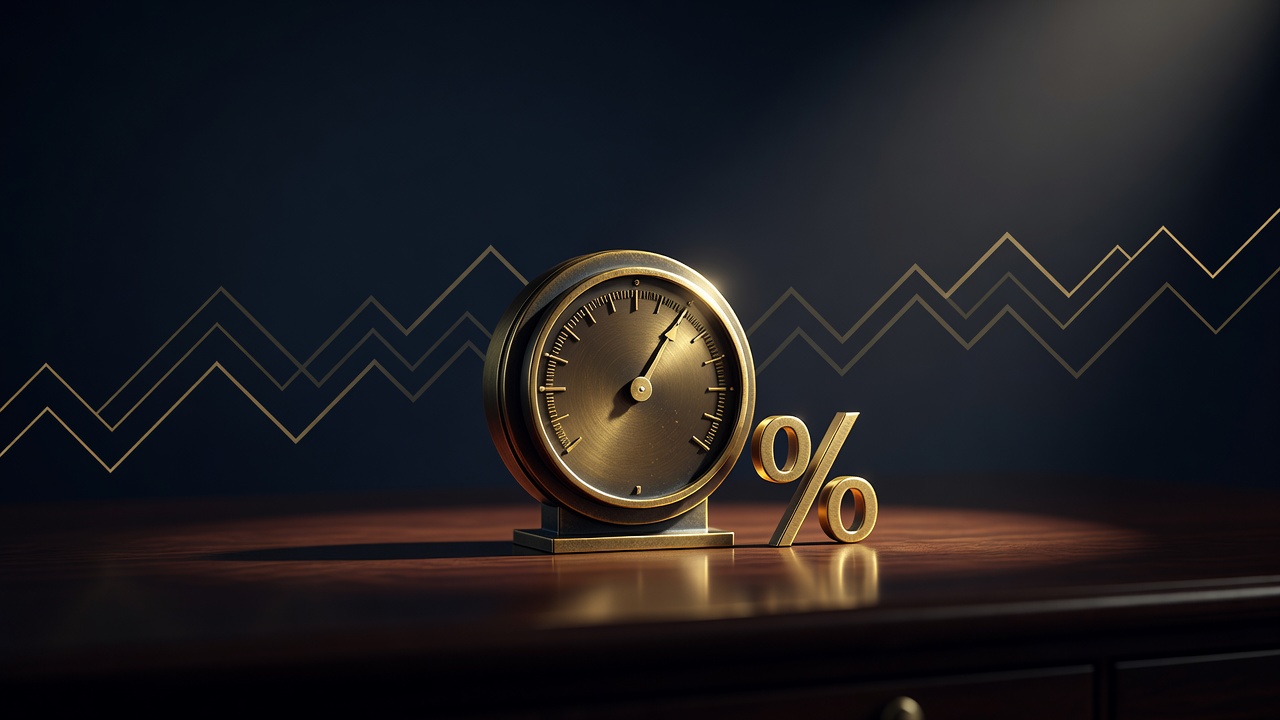 A brass probability dial with meeting markers along an arc, illustrating fed funds futures pricing rate-decision odds