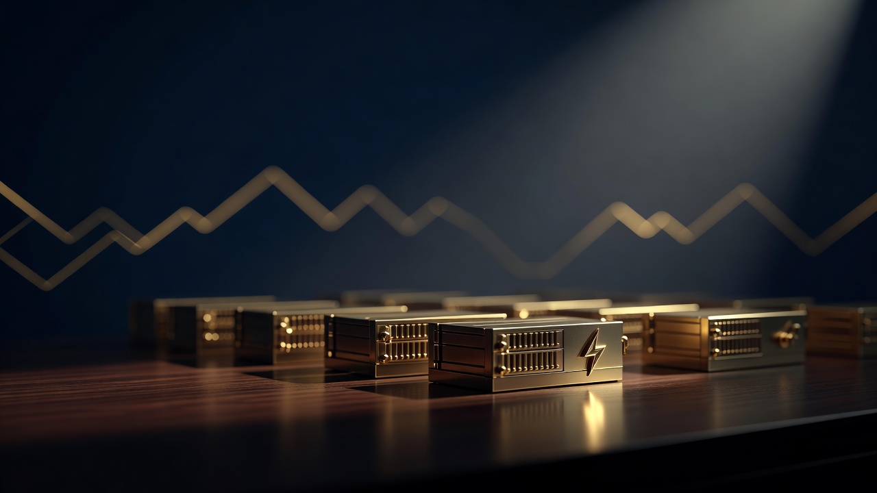 Rows of brass server racks with a brass power symbol, illustrating the AI data-centre capex boom and its macro weight