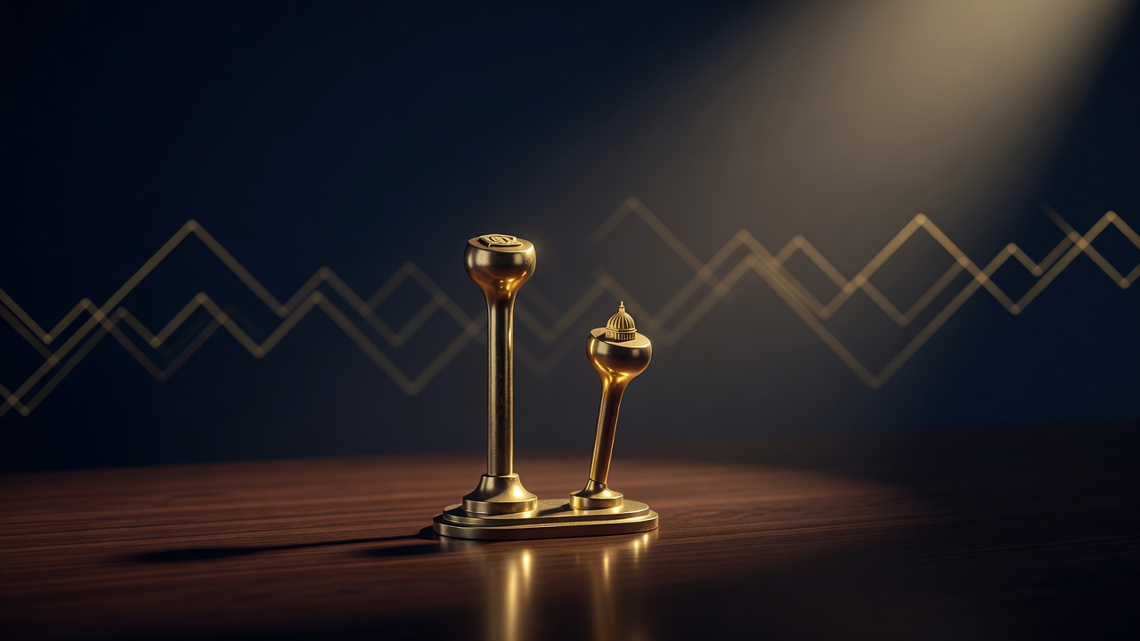 Two brass control levers, a central-bank lever and a government lever, illustrating monetary versus fiscal policy