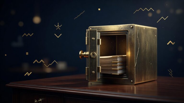 A brass private vault door ajar with loan documents and a hairline crack, illustrating the private credit boom and its hidden risk