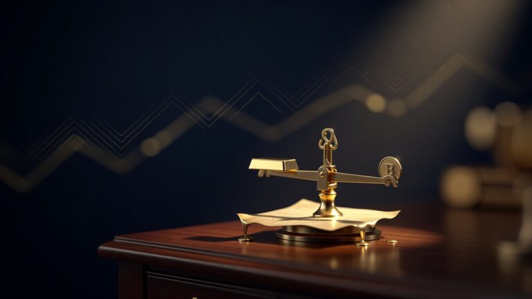 A brass scale weighing a gold bar against a Bitcoin coin over a melting paper note, illustrating the debasement trade