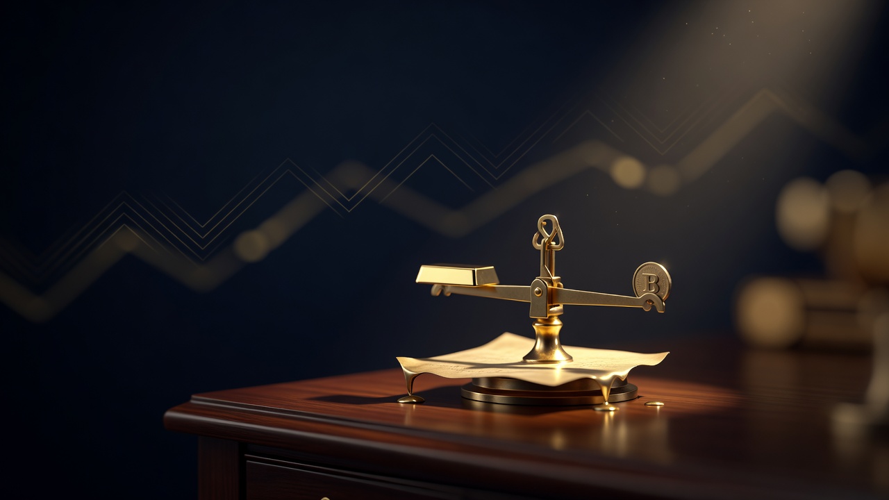 A brass scale weighing a gold bar against a Bitcoin coin over a melting paper note, illustrating the debasement trade