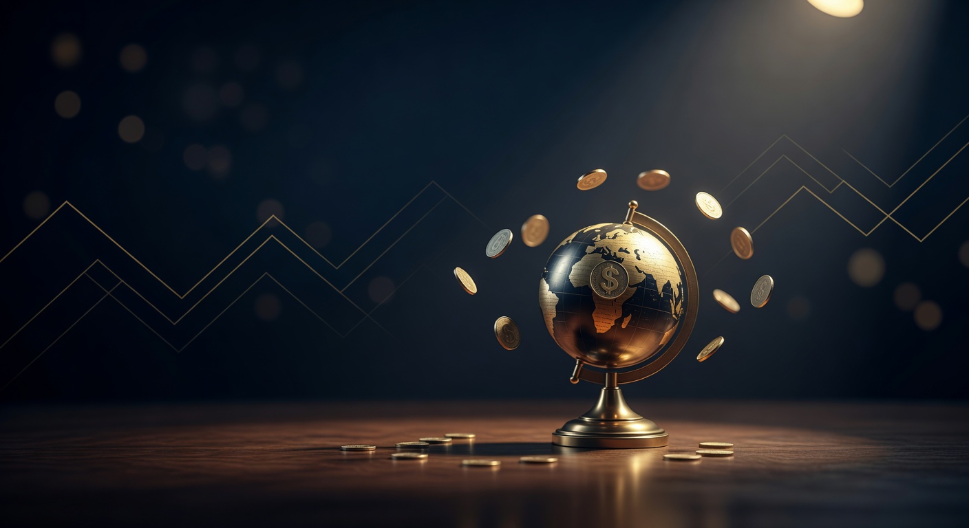 Brass globe with a central dollar coin and orbiting currency coins on a dark desk, illustrating the dollar's reserve currency status