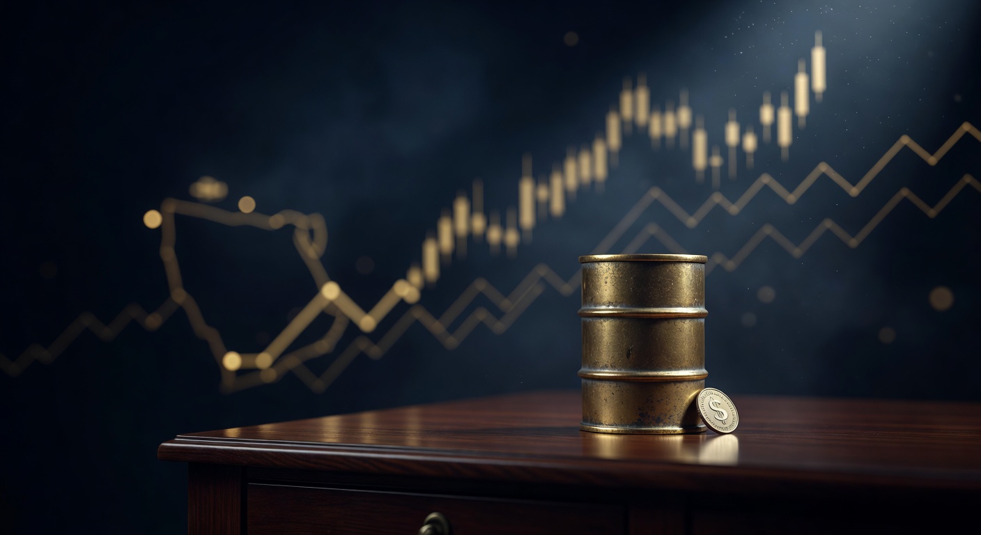Brass oil barrel and US dollar coin on a dark desk against a Gulf map and rising chart, illustrating the US-Iran escalation impact on oil and the dollar