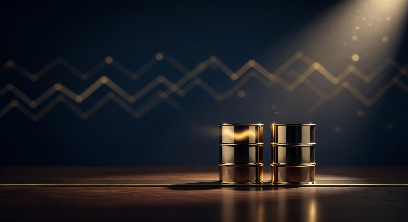 Two brass oil barrels divided on a dark desk, illustrating Brent versus WTI crude oil benchmarks