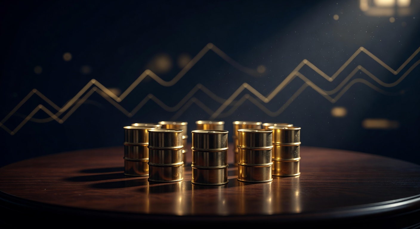 A circle of brass oil barrels around a larger central one on a dark desk, illustrating OPEC and OPEC+ coordinating output