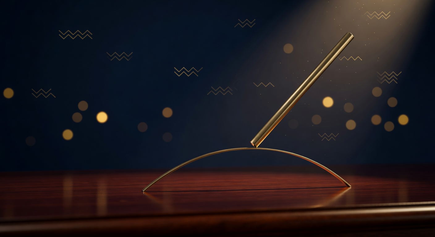 A brass rod pressing a curved brass arc flat on a dark desk, illustrating yield curve control pinning a bond yield