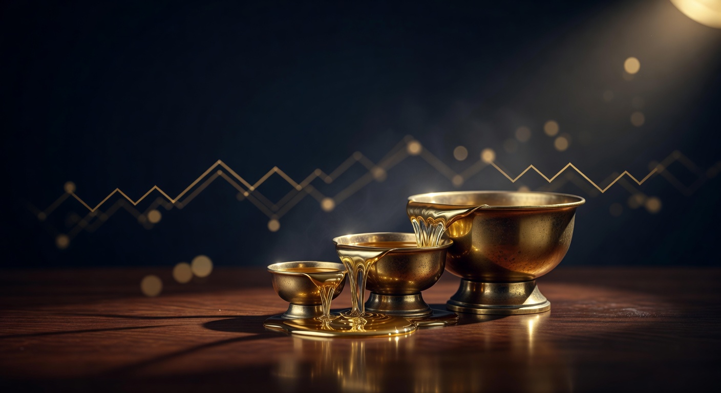 Brass liquid moving between three connected vessels on a dark desk, illustrating net liquidity draining and releasing