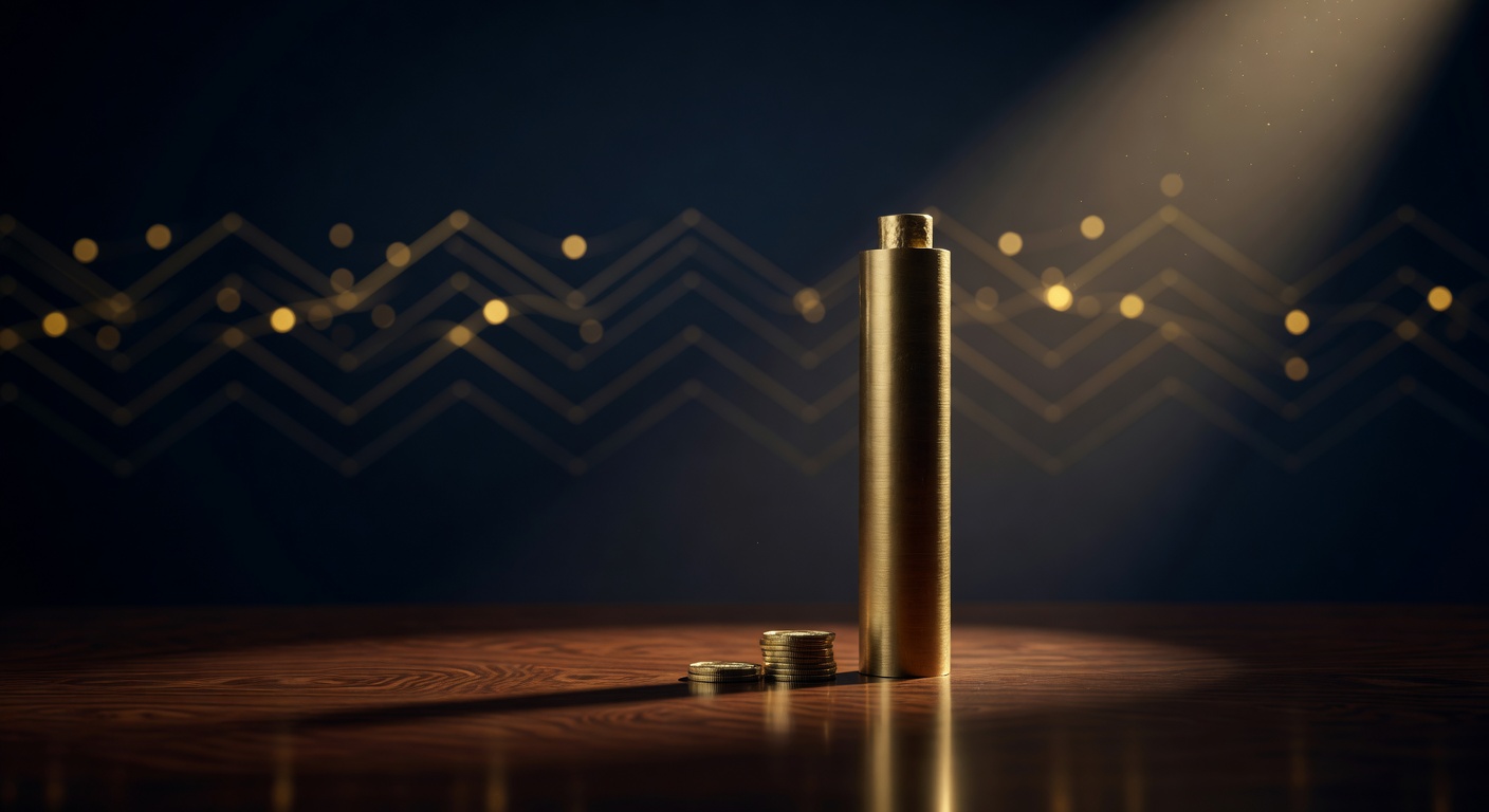 A tall brass bond scroll weighted beside short brass coins on a dark desk, illustrating the term premium on long bonds