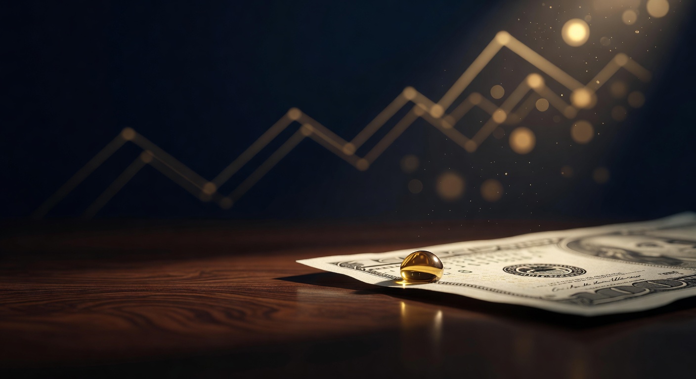 Brass oil droplet on a US dollar banknote on a dark desk, illustrating the petrodollar system