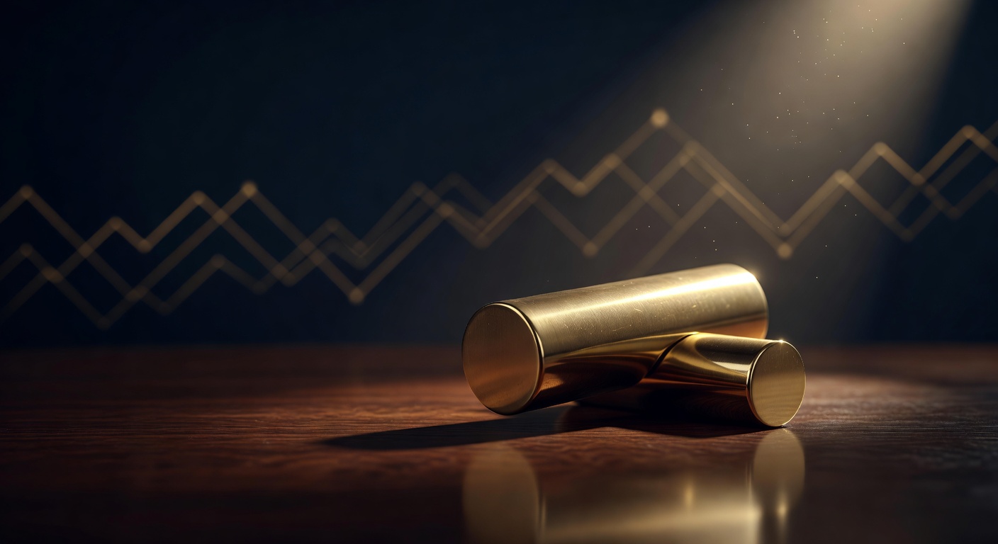 A larger brass candlestick bar engulfing a smaller one on a dark desk, illustrating the engulfing pattern