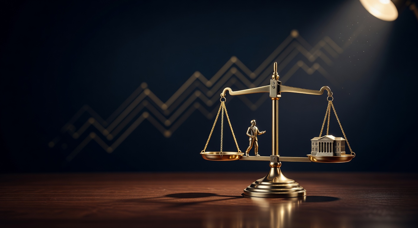 A level brass balance scale weighing a trader figure against a building, illustrating aligned A-book incentives