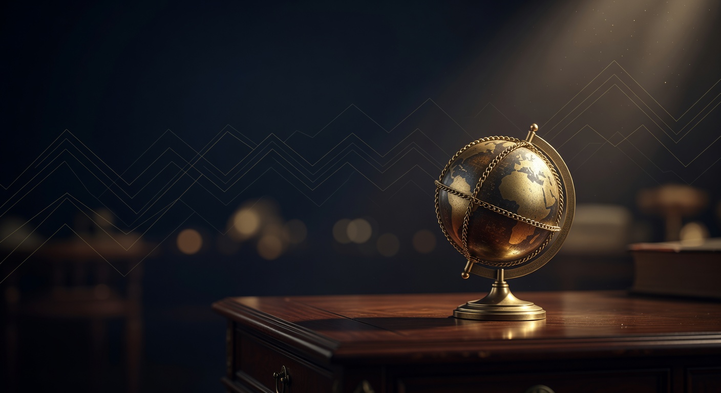 Brass globe wrapped in chain on a mahogany desk, symbolising the offshore eurodollar system