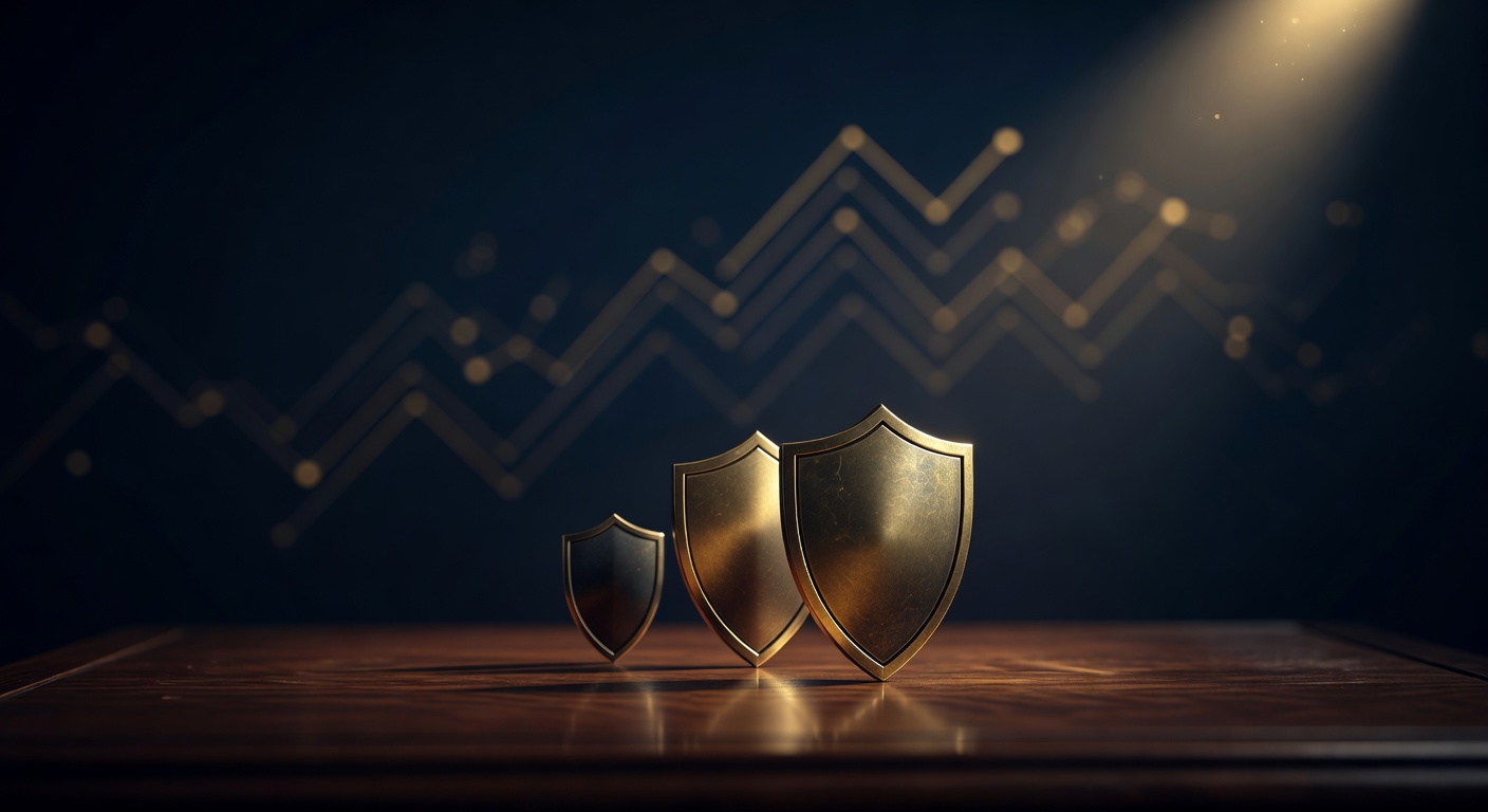 Three brass shields of descending size on a dark desk, tier-1 versus offshore broker regulation