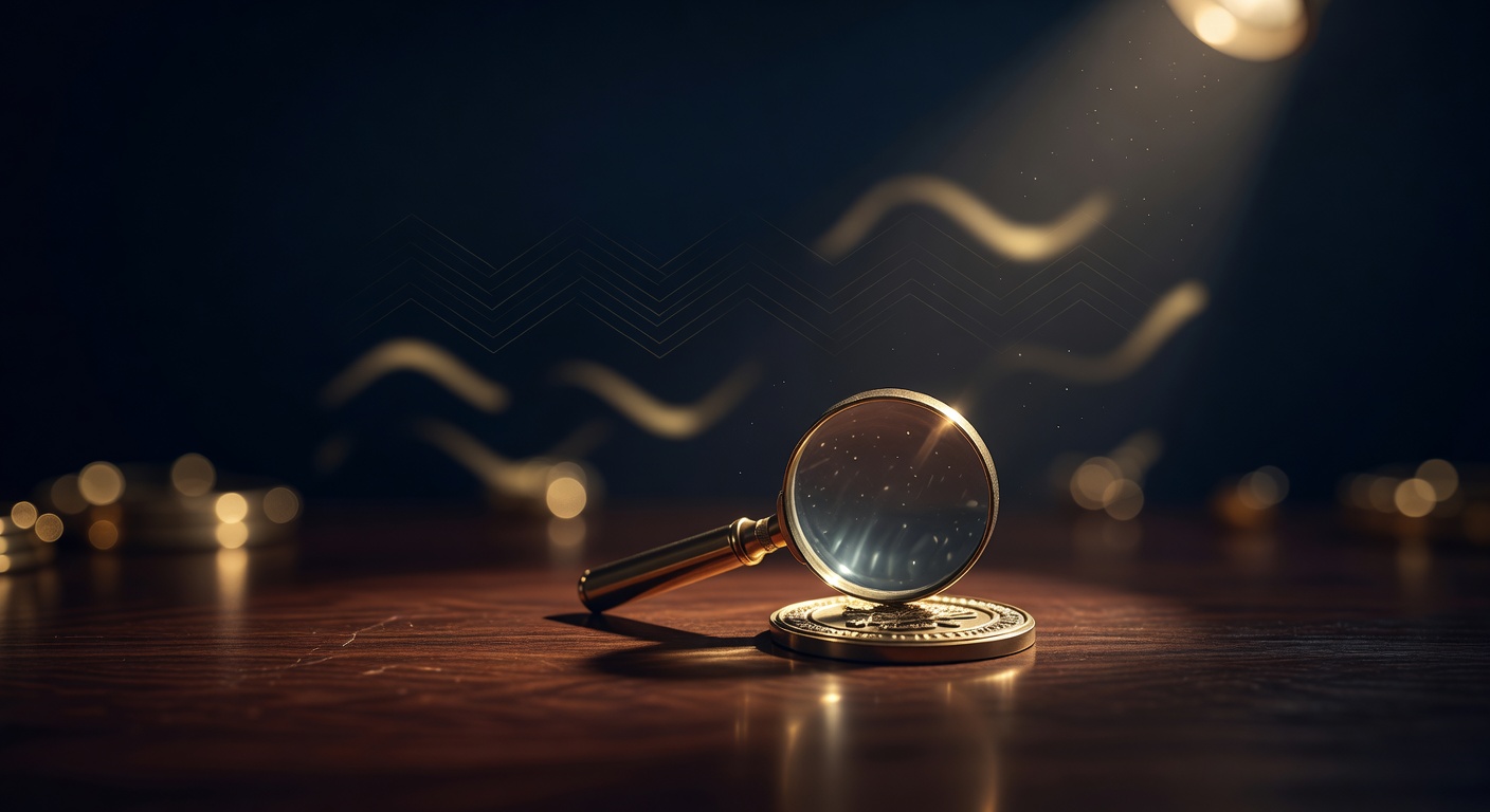 A brass magnifying glass over a licence seal on a dark desk, verifying broker regulation