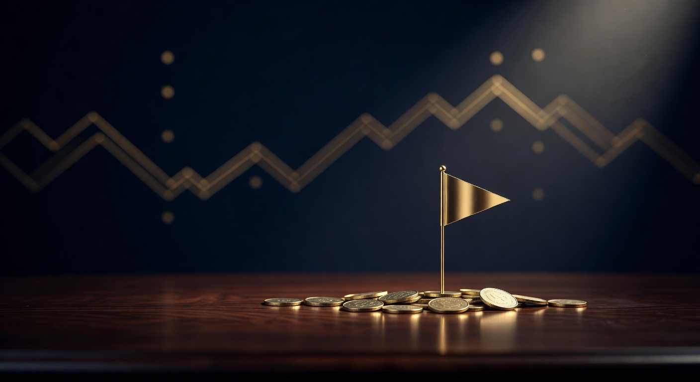 A small brass warning flag among brass coins on a dark desk, forex broker red flags