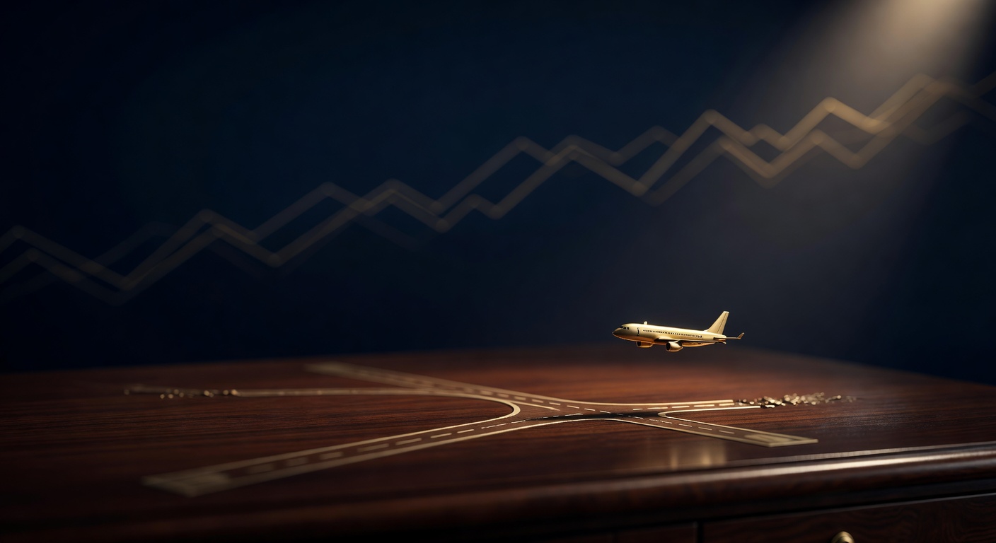 Brass aircraft model descending toward a runway on a dark desk, illustrating soft landing versus hard landing