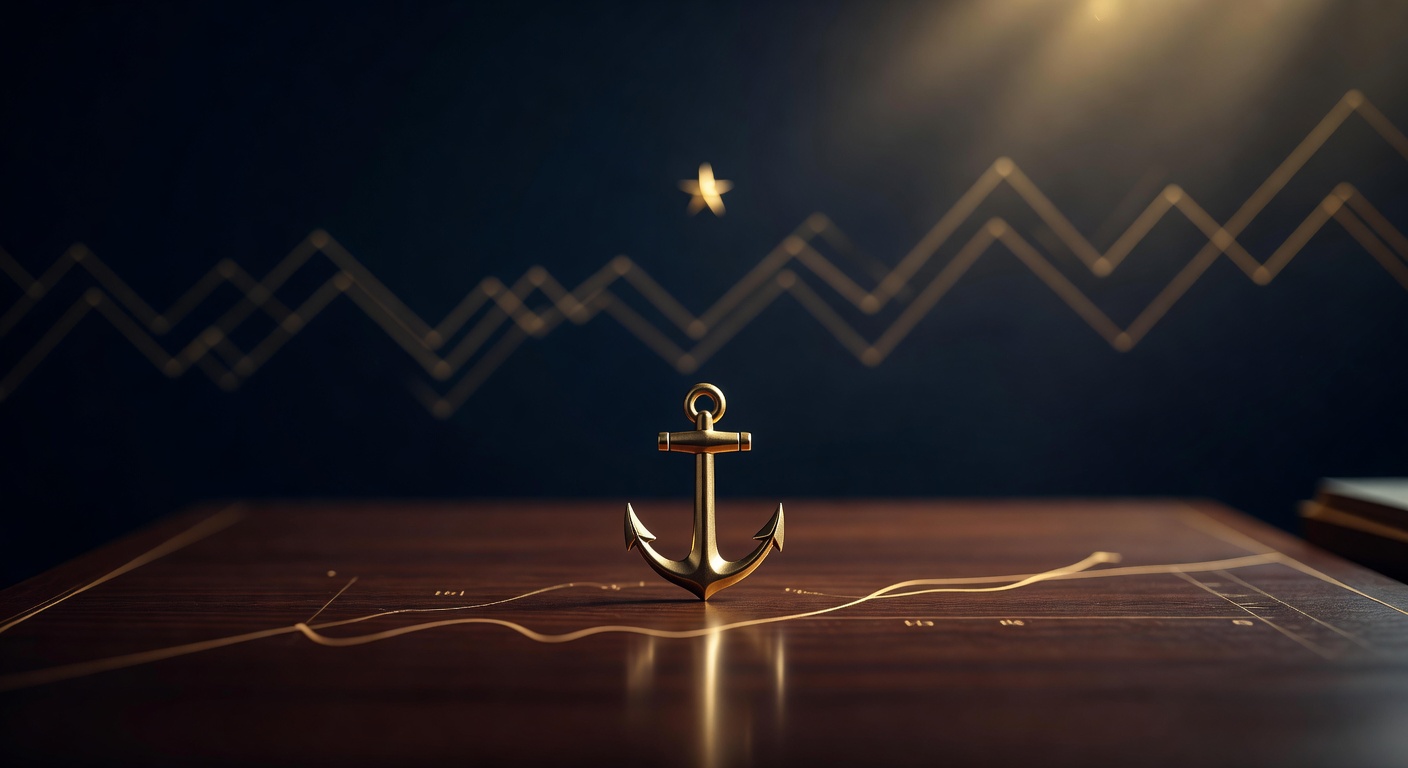 Brass anchor at the centre of an interest-rate curve on a dark desk, illustrating the neutral rate R-star