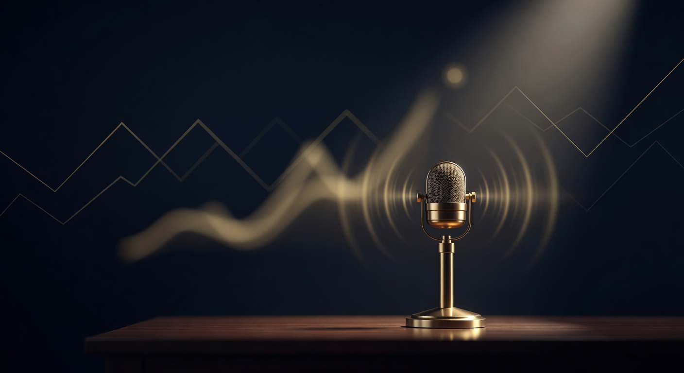 Brass lectern microphone with rippling sound waves on a dark desk, illustrating central bank forward guidance