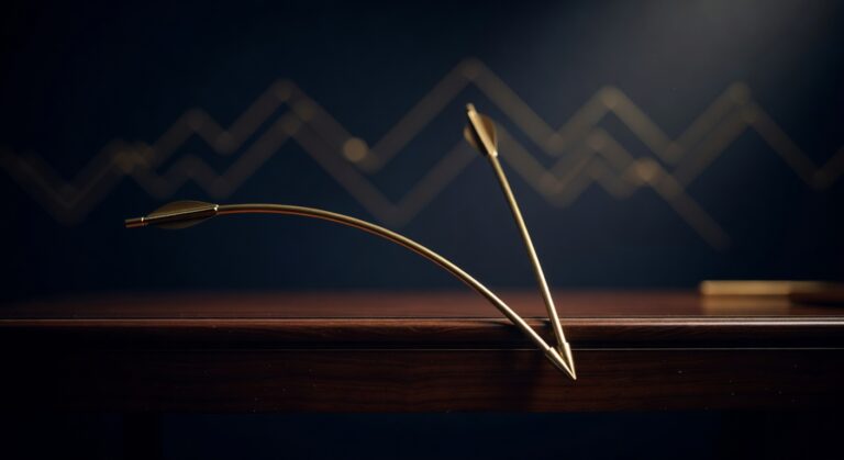 Two brass arrows on a dark desk, one easing down and one plunging below a line, illustrating disinflation versus deflation