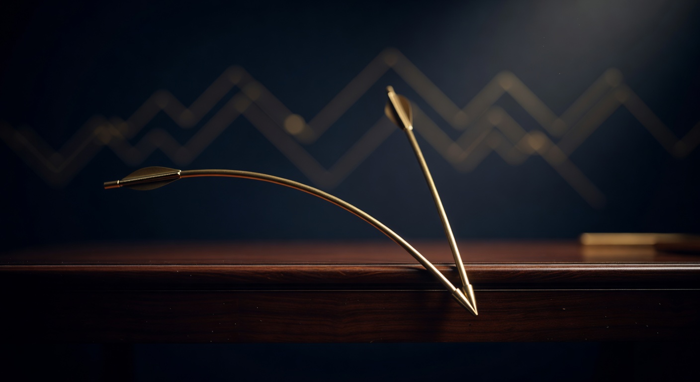 Two brass arrows on a dark desk, one easing down and one plunging below a line, illustrating disinflation versus deflation