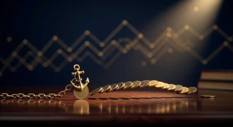 Brass anchor chain holding one coin fixed beside free-floating coins on a dark desk, illustrating fixed versus floating exchange rates