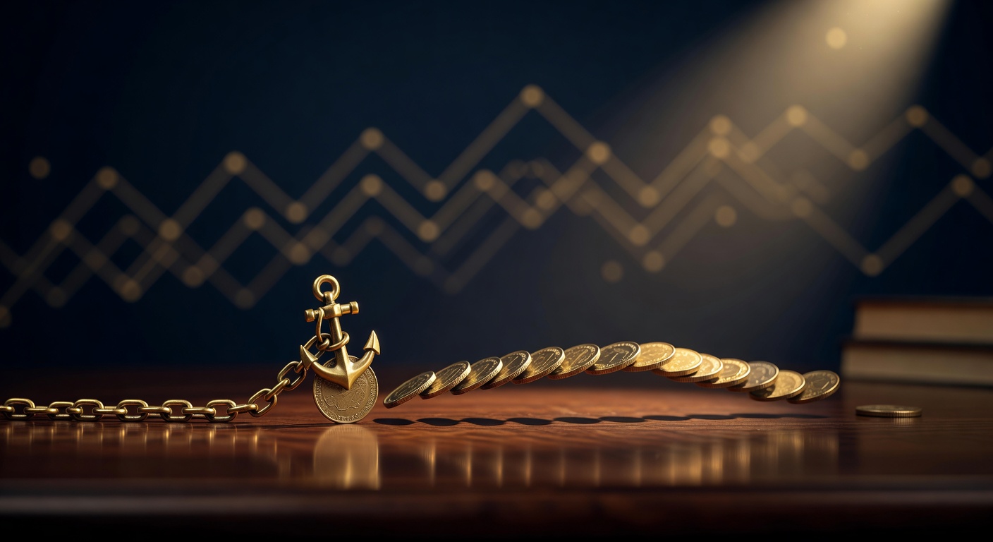Brass anchor chain holding one coin fixed beside free-floating coins on a dark desk, illustrating fixed versus floating exchange rates