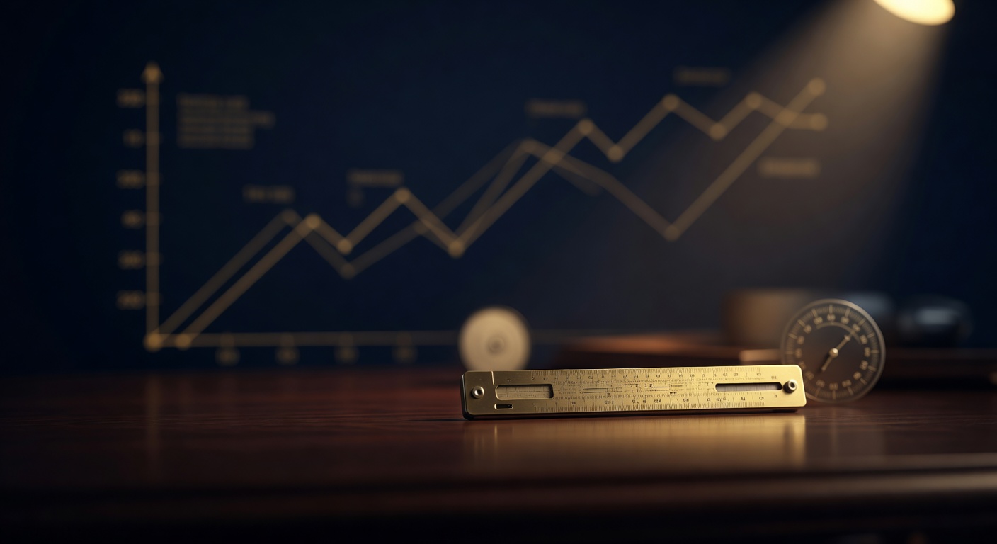 Brass slide rule beside an interest-rate dial on a dark desk, illustrating the Taylor rule