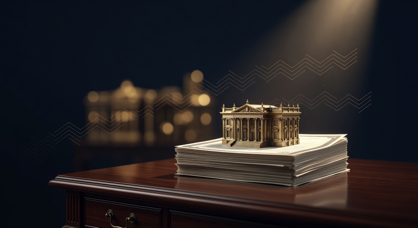 Brass central-bank facade reflected in a stack of bond certificates on a dark desk, illustrating quantitative easing