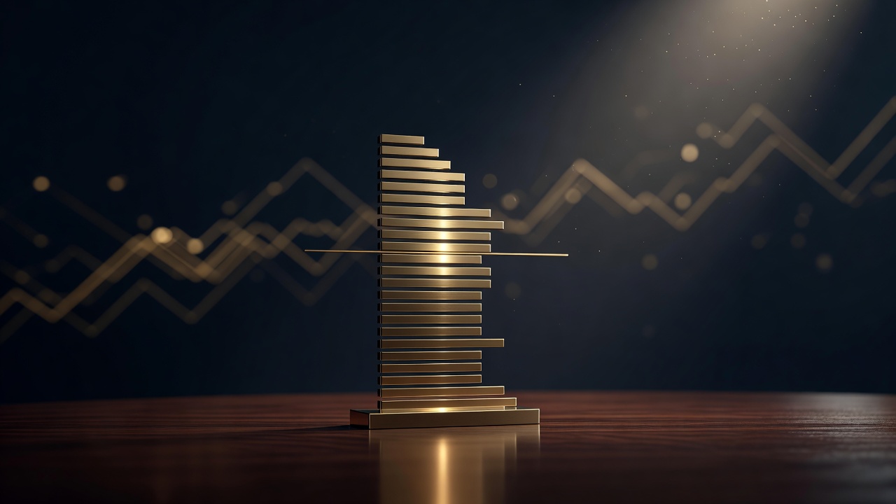 A brass horizontal histogram with the longest bar highlighted in the middle, illustrating the volume profile point of control