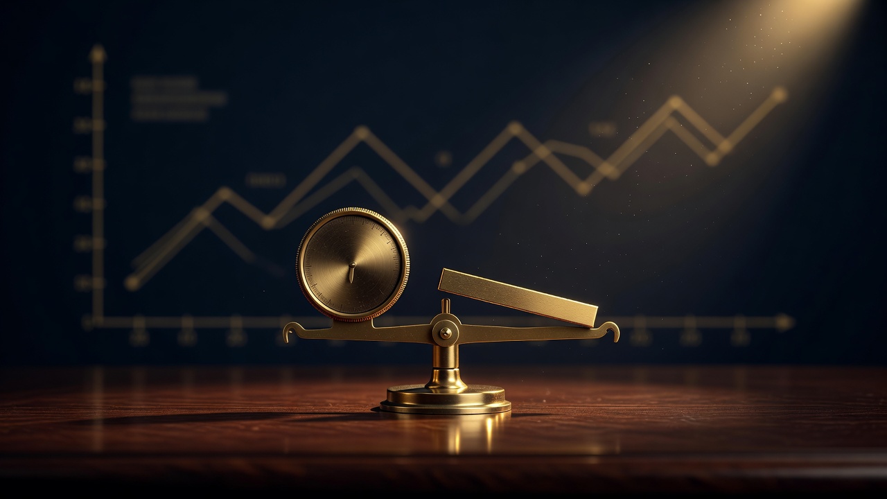 A brass rate dial turned down as a gold bar rises on a balance beam, illustrating gold rising when the Fed cuts rates