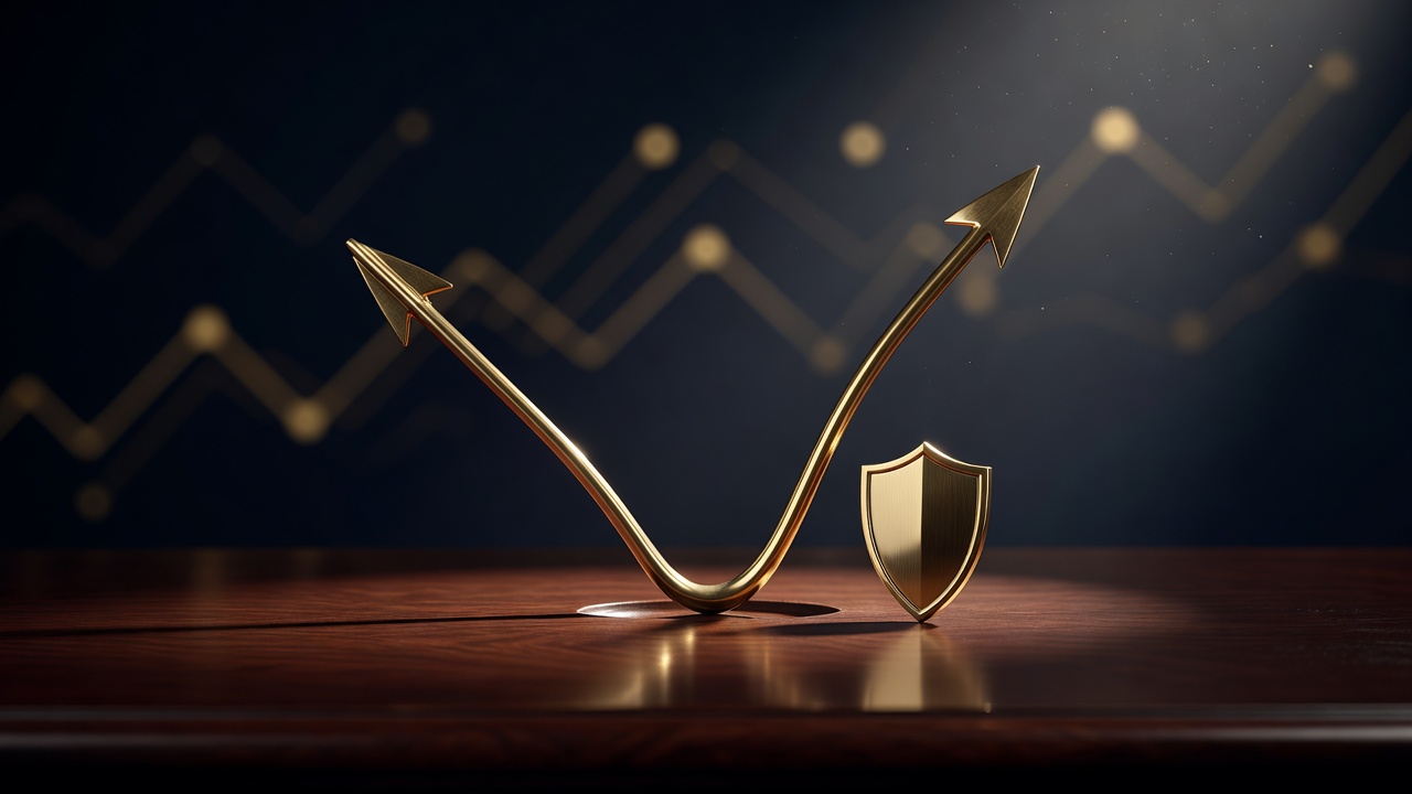 A brass arrow dipping into a trough then curving up beside a steady shield, illustrating stocks bottoming before a recession ends