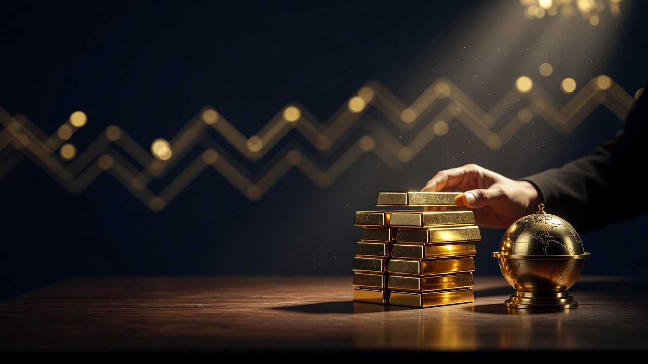 Gold bars stacking in a vault beside a brass globe, illustrating central banks buying gold for their reserves